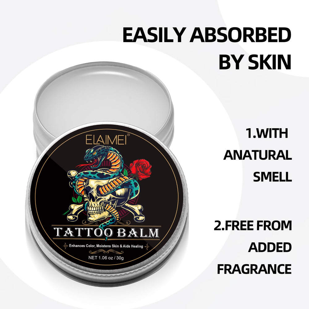AUSTINE Tattoo Brightener Balm applied on a fresh tattoo during a daily care session.