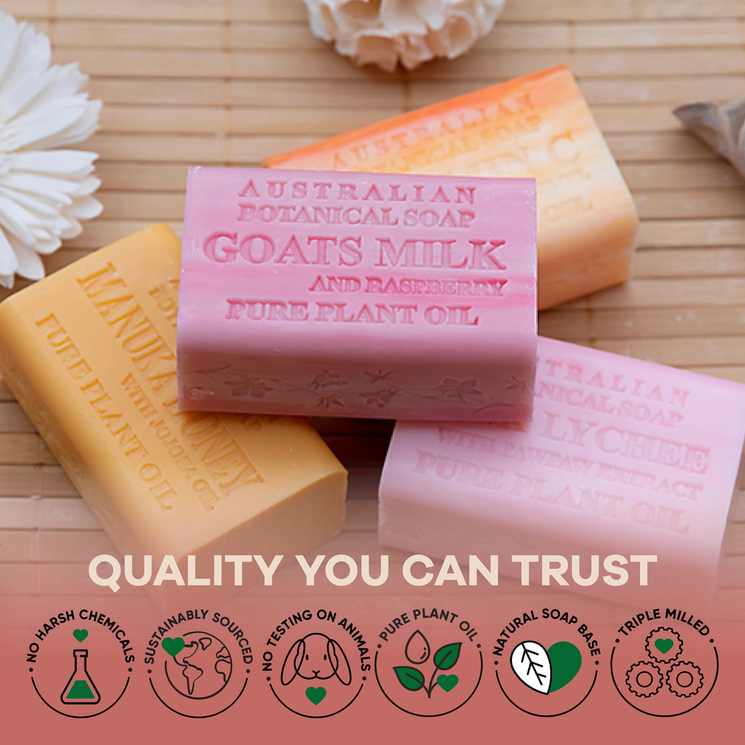 Australian Botanical Goats Milk soap provides gentle exfoliation with plant oils.