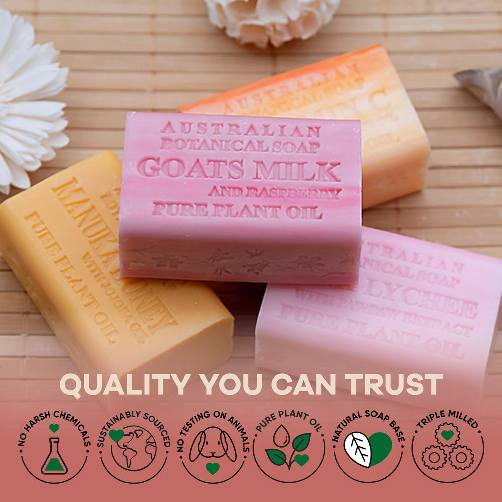 Australian Botanical Goats Milk soap provides gentle exfoliation with plant oils.