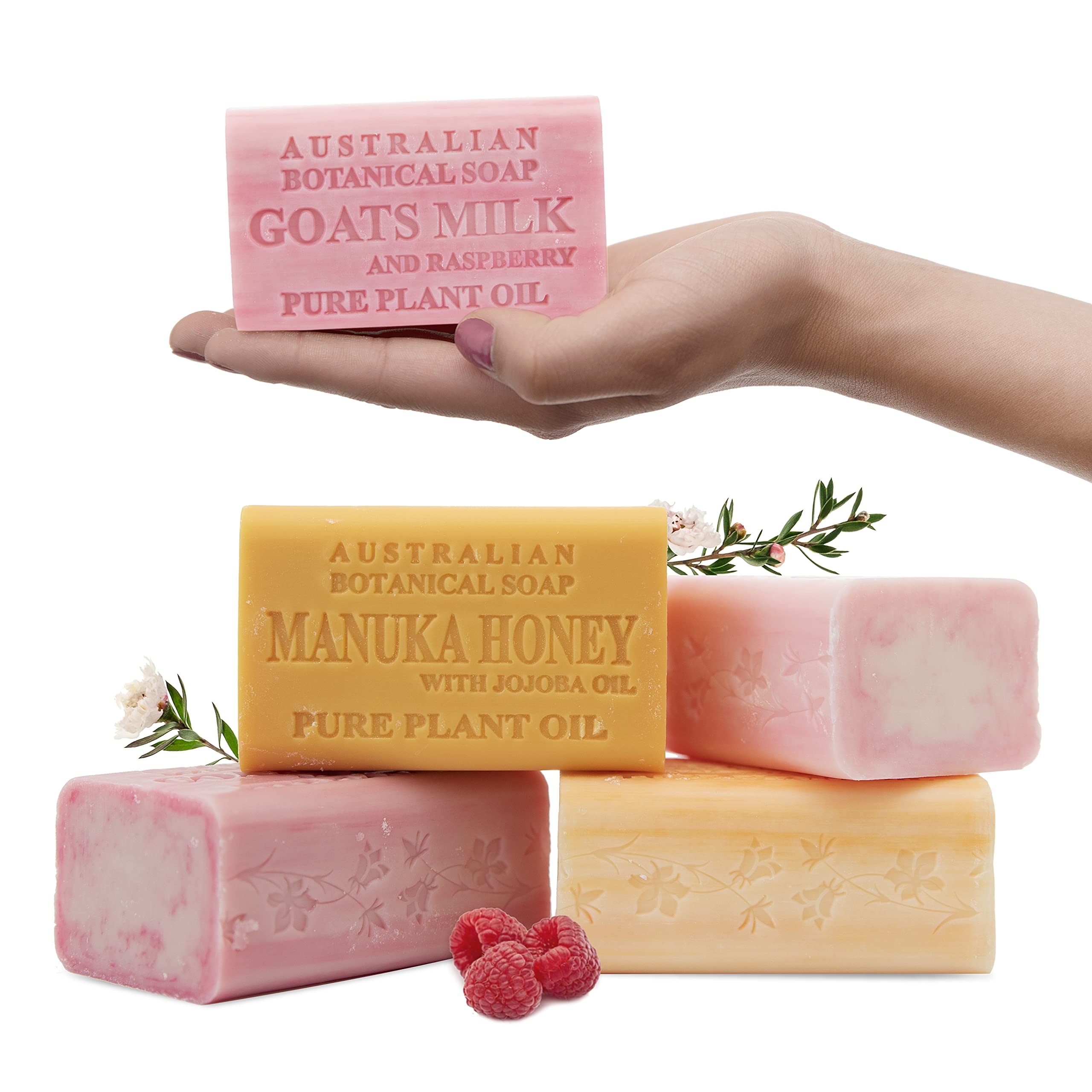 Australian Botanical Goats Milk Raspberry soap delivers gentle cleansing with fruity aroma.