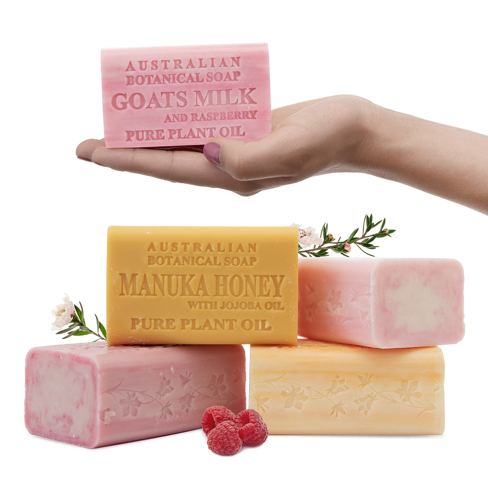 Australian Botanical Goats Milk Raspberry soap delivers gentle cleansing with fruity aroma.
