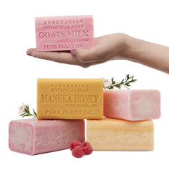Australian Botanical Goats Milk Raspberry soap delivers gentle cleansing with fruity aroma.