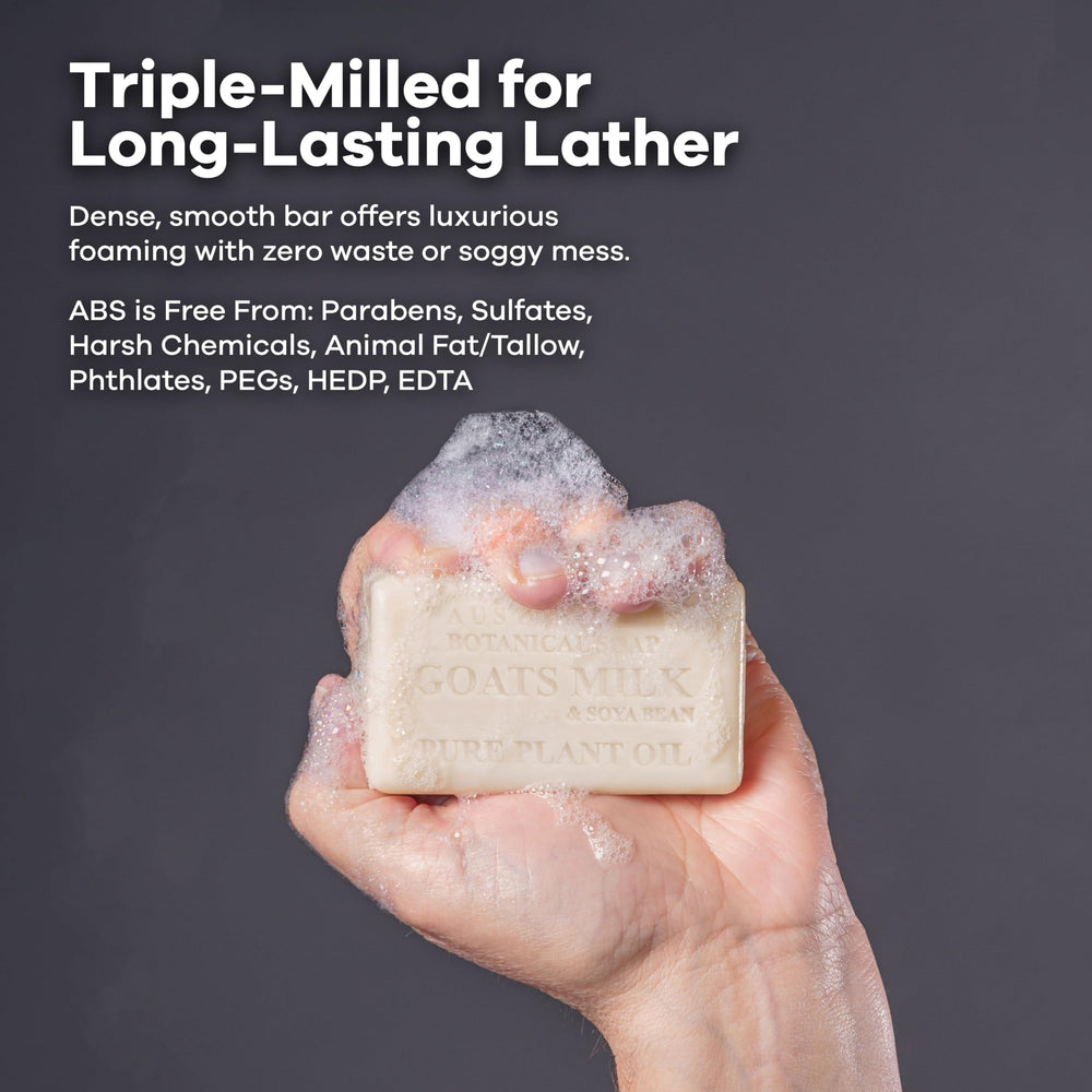 Goats milk soap bar on the sink for daily cleansing with a gentle feel.