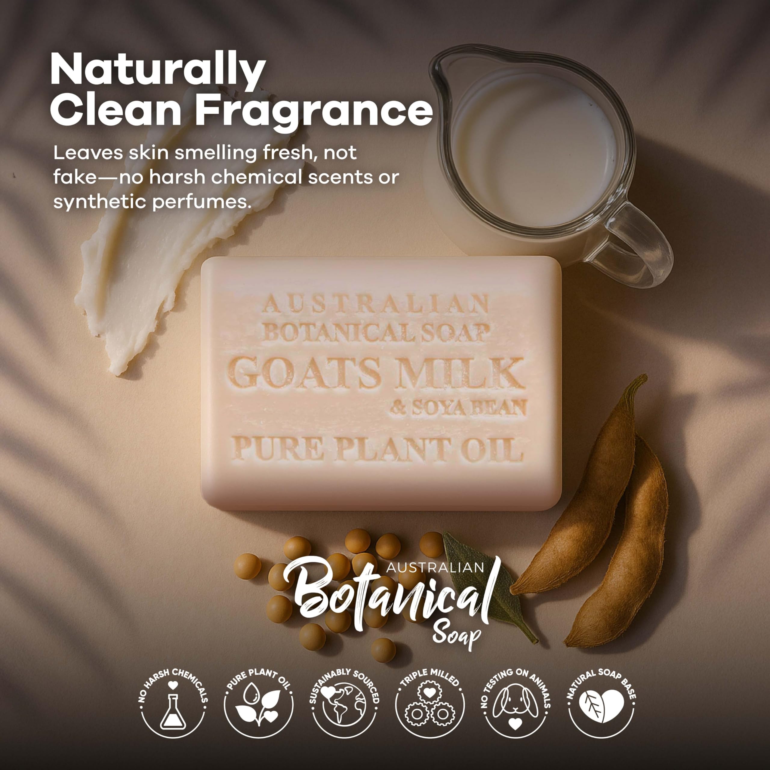 Soybean oil in Australian Botanical Goat Milk Soap nourishes skin.