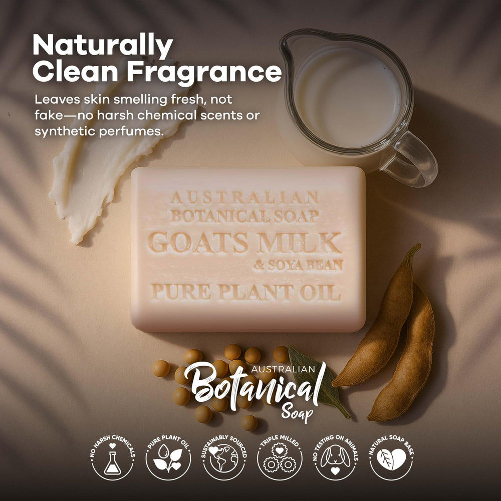 Soybean oil in Australian Botanical Goat Milk Soap nourishes skin.