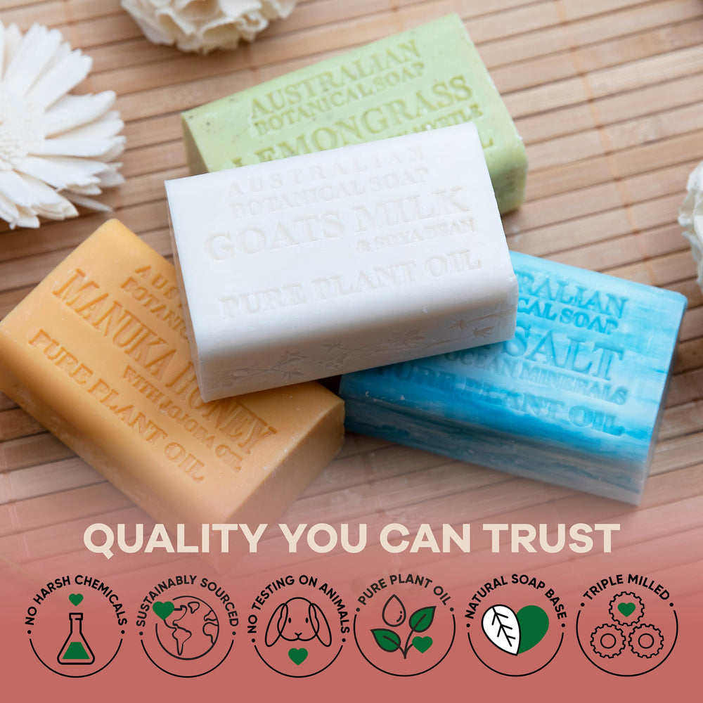 Australian Botanical Long-Lasting Lather soap bar delivers durable, silky feel.