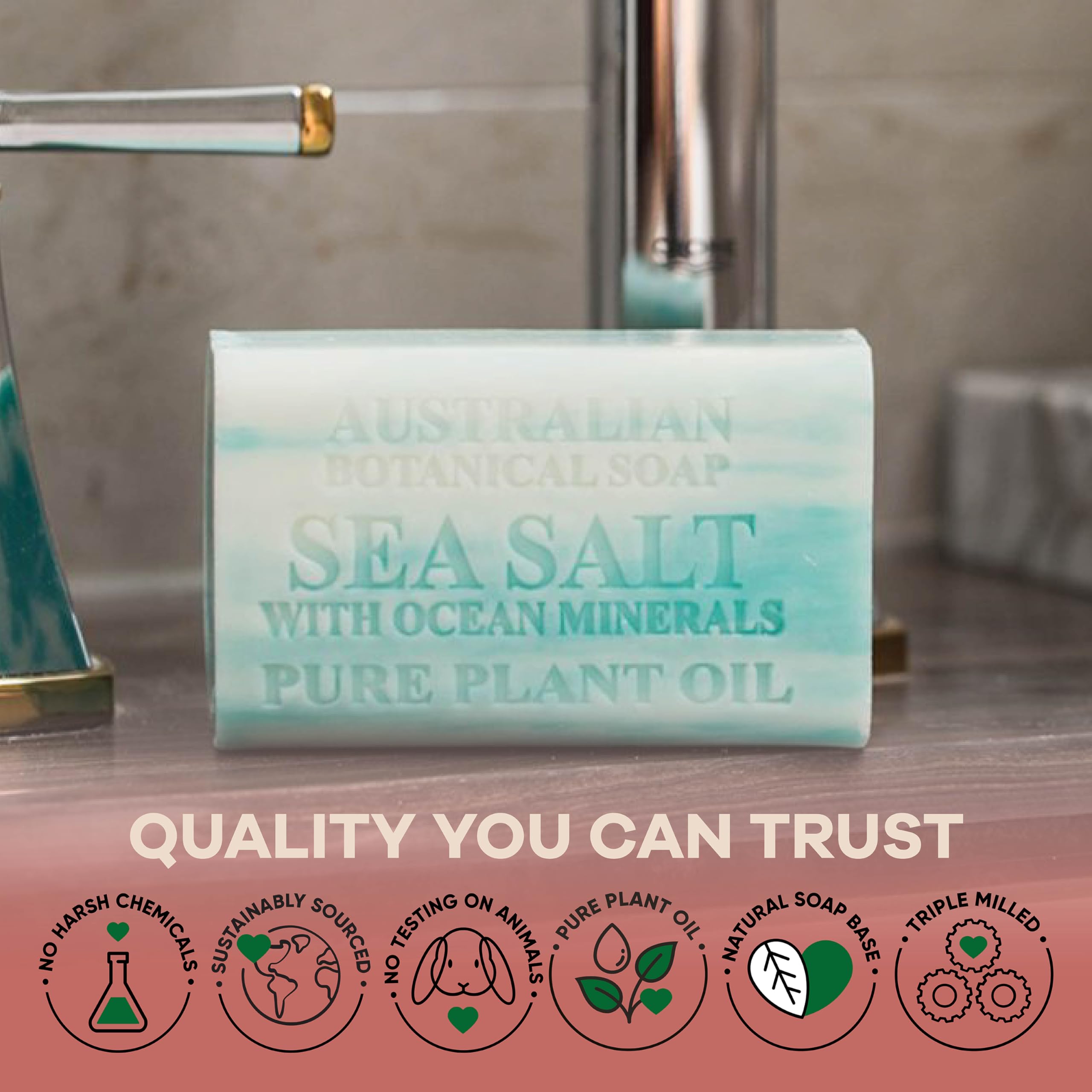 Australian Botanical Soap bar resting on sink invites a quick shower routine.