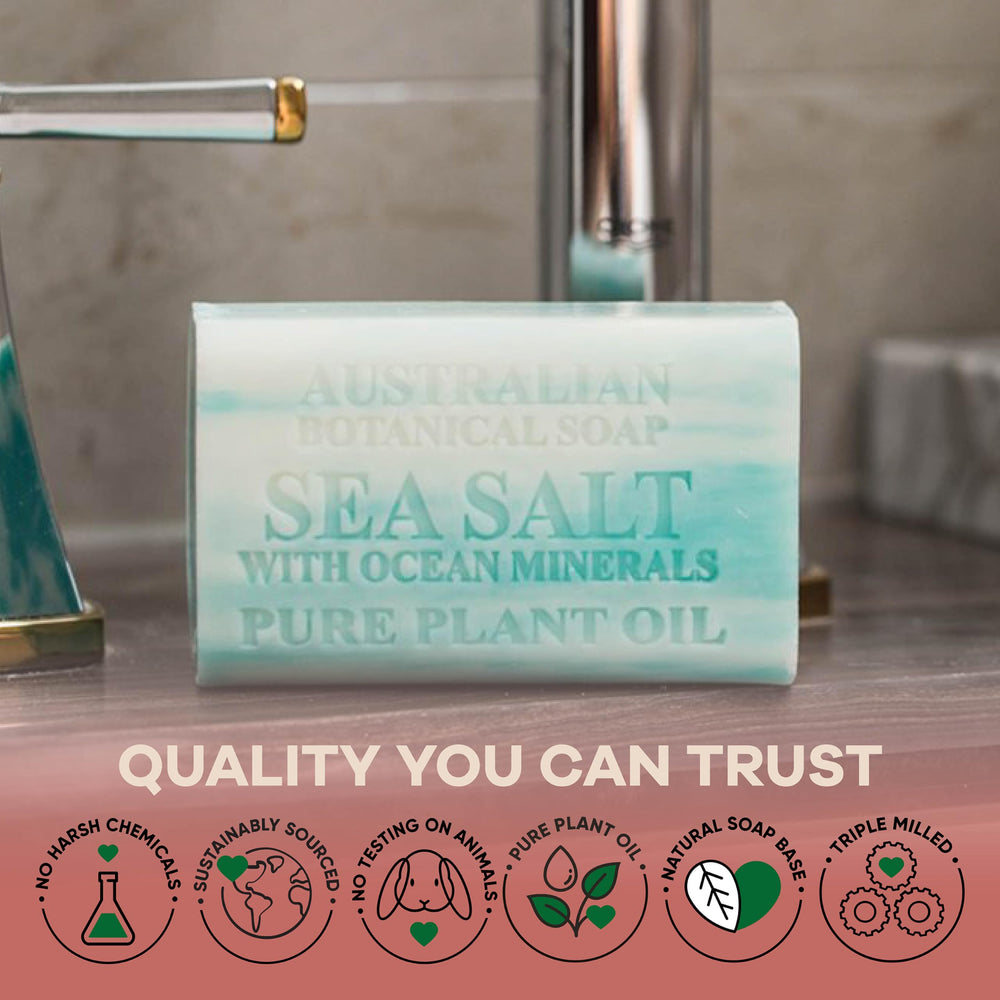 Australian Botanical Soap bar resting on sink invites a quick shower routine.