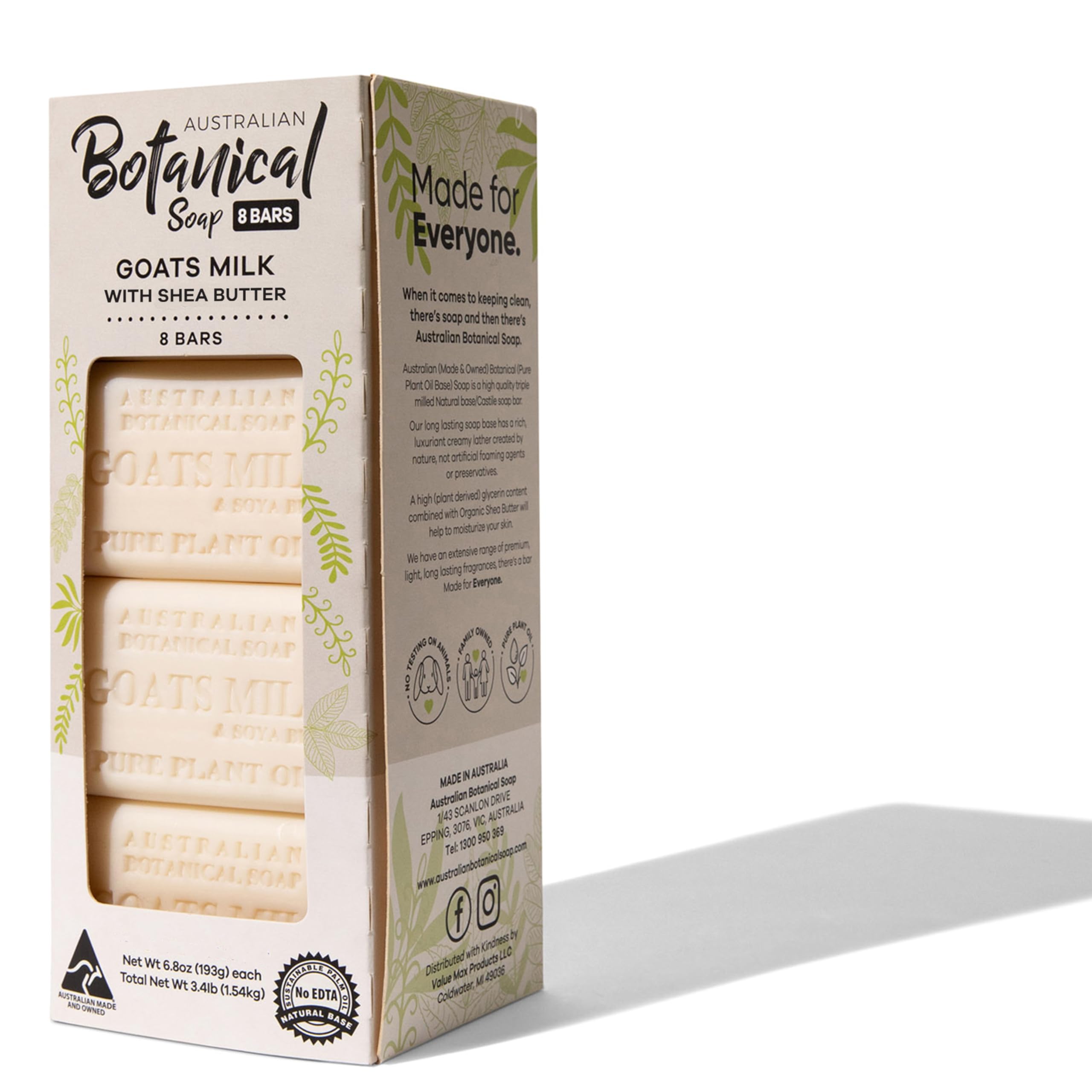 Australian Botanical Soap Goat Milk Shea Bar — front view, creamy lather for daily cleansing.