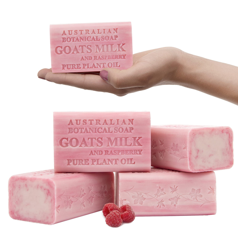 Australian Botanical Soap goats milk raspberry bar closeup showing creamy texture and natural ingredients