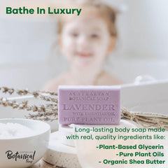 Australian Botanical Soap lavender bar lather close-up highlighting silky bubbles.