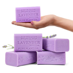 Australian Botanical Soap Lavender with Essential Oil close-up showing calming lavender aroma.