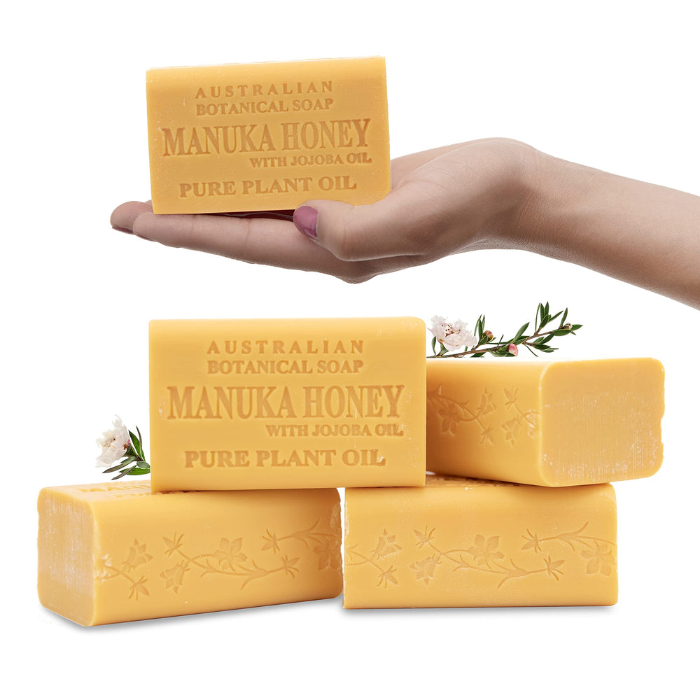 Australian Botanical Soap Manuka Honey with Jojoba Bar closeup showing creamy lather for daily cleansing.