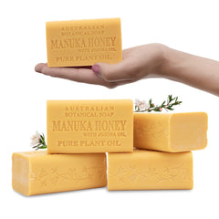 Australian Botanical Soap Manuka Honey with Jojoba Bar closeup showing creamy lather for daily cleansing.