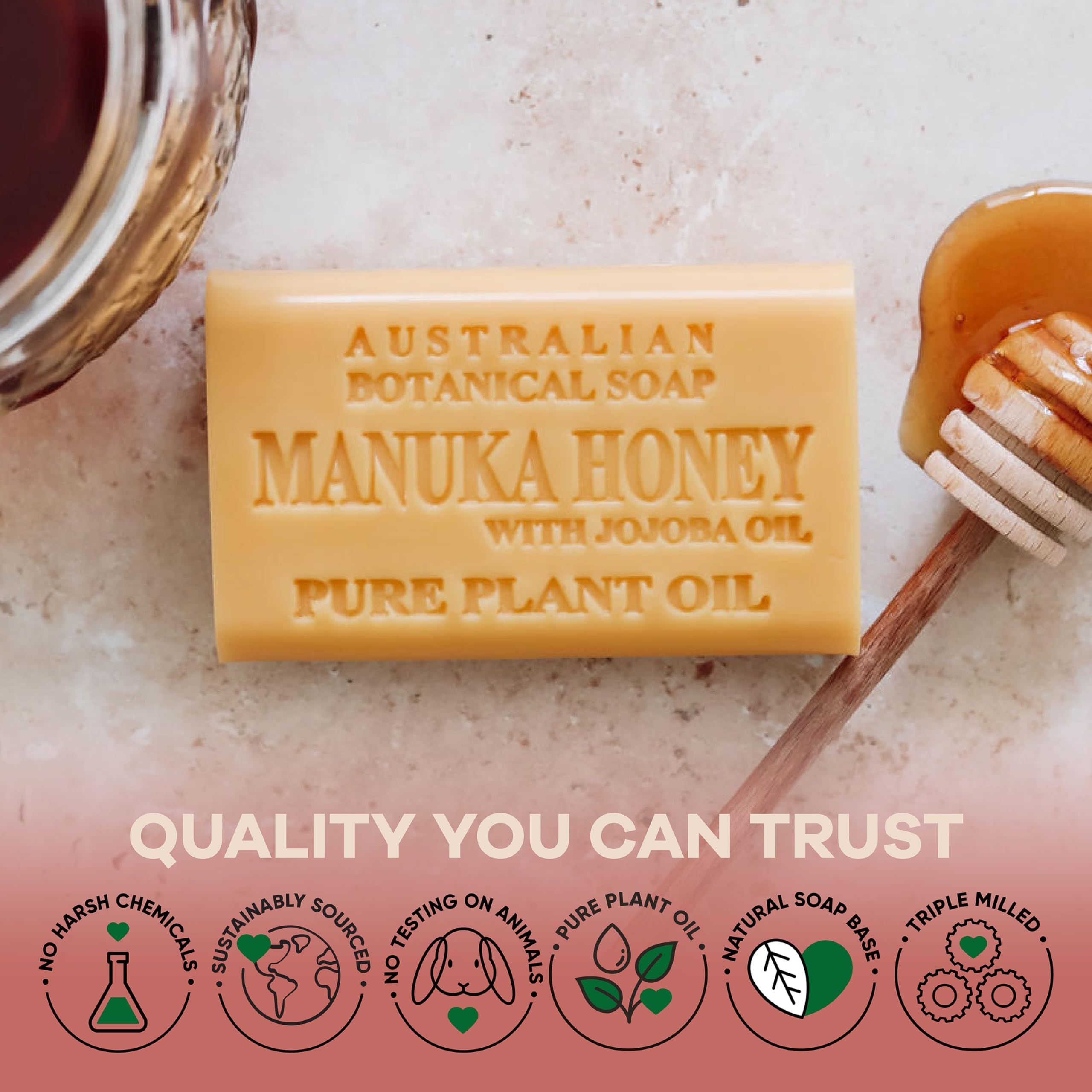 Australian Botanical Soap Manuka Honey with Jojoba Bar foam indicates long-lasting cleansing from triple milling.