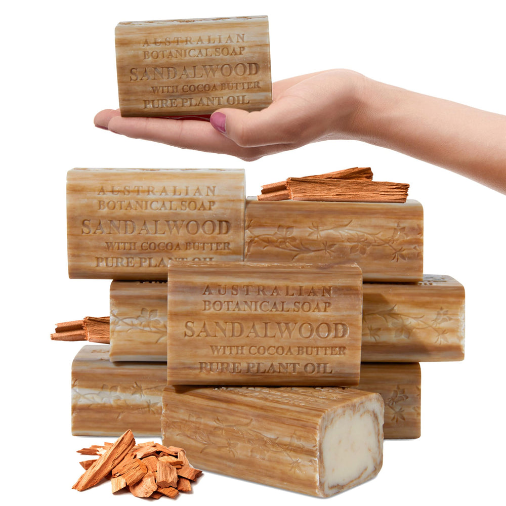 Australian Botanical Soap sandalwood cocoa butter bar with creamy lather for daily cleansing.