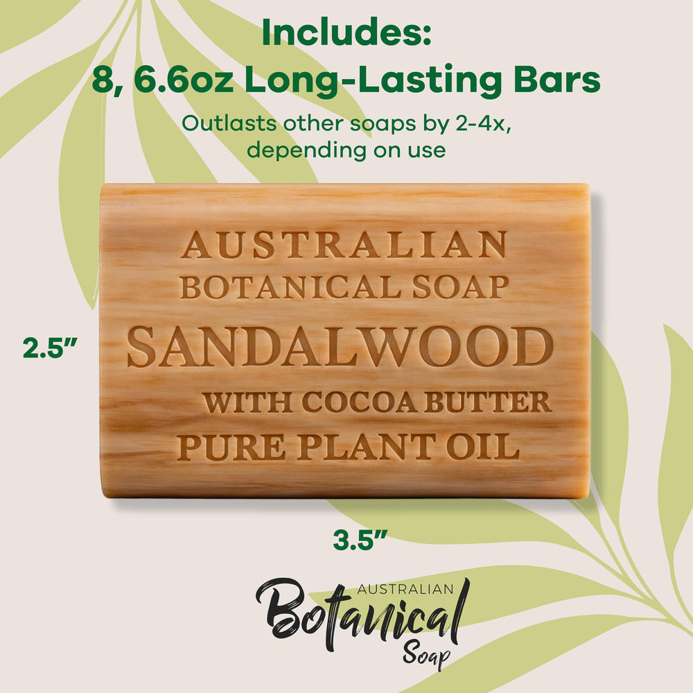 Australian Botanical Soap sandalwood cocoa butter bar on bath shelf with soft light.