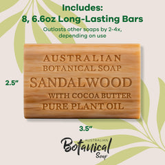 Australian Botanical Soap sandalwood cocoa butter bar on bath shelf with soft light.