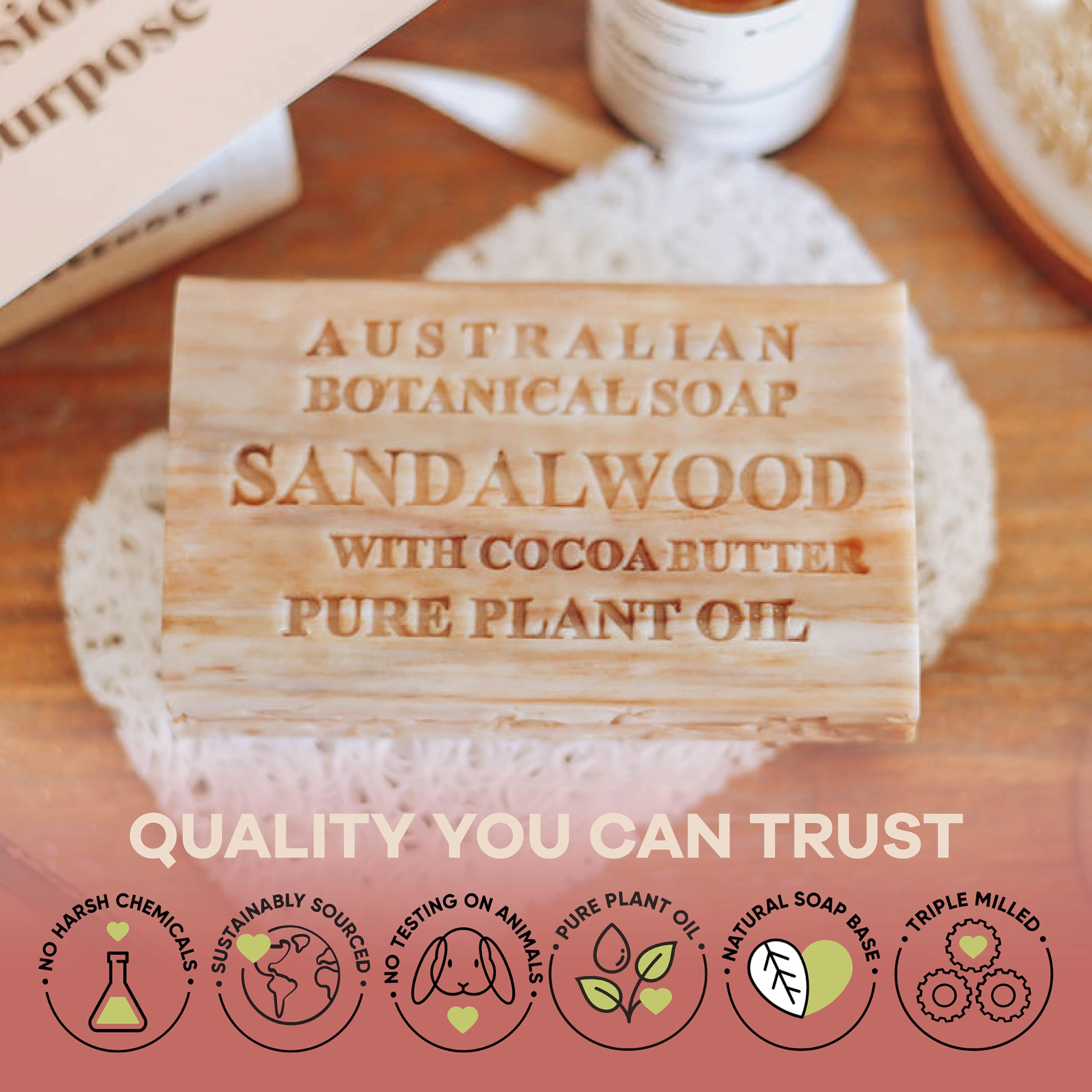Australian Botanical Soap sandalwood cocoa butter bar with natural ingredients label visible.