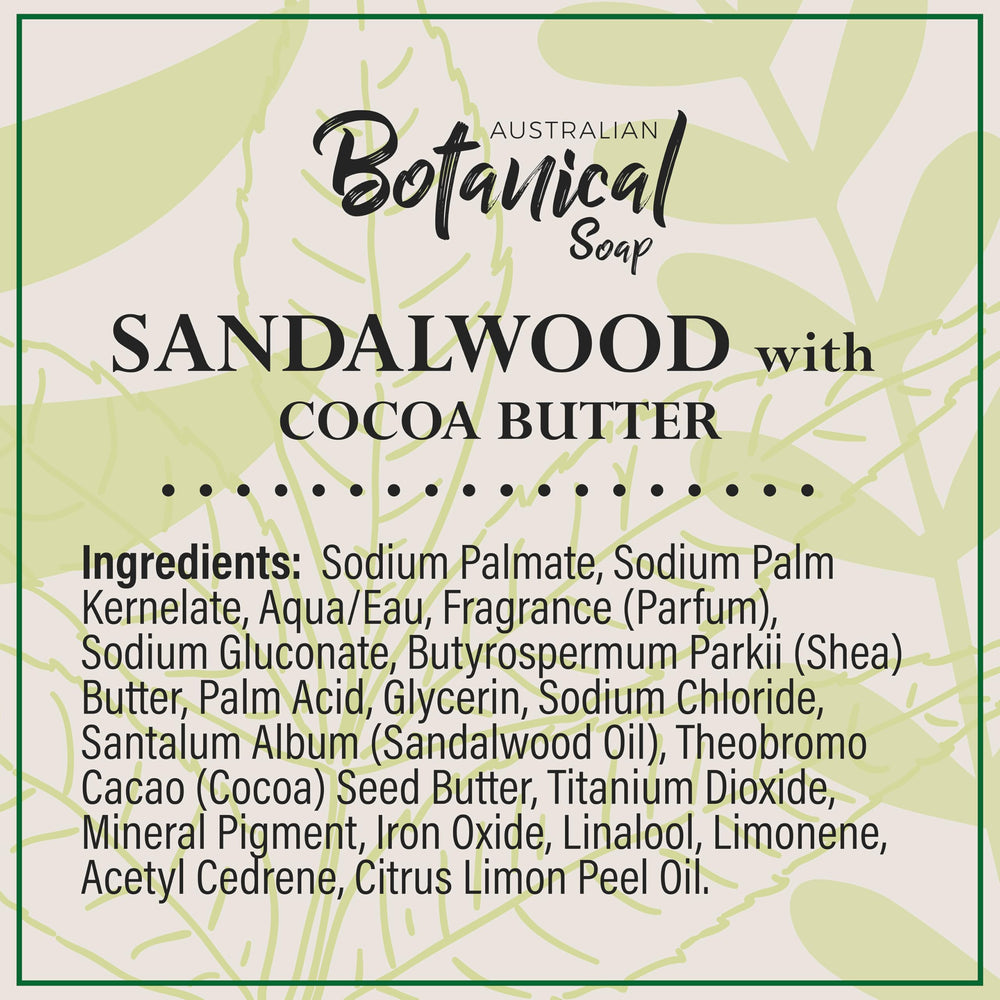 Australian Botanical Soap sandalwood cocoa butter bar in use for cleansing routine.