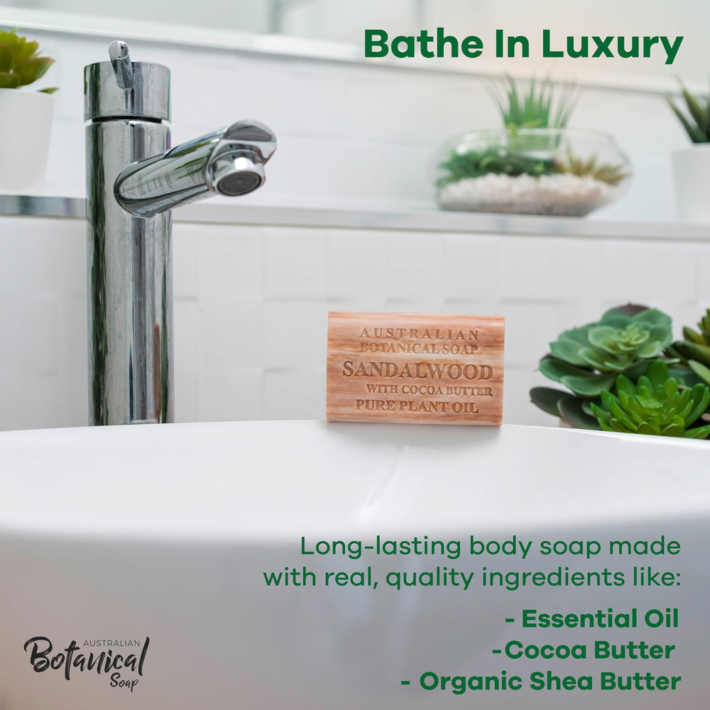 Australian Botanical Soap sandalwood cocoa butter pack image shows six bars for rotation.