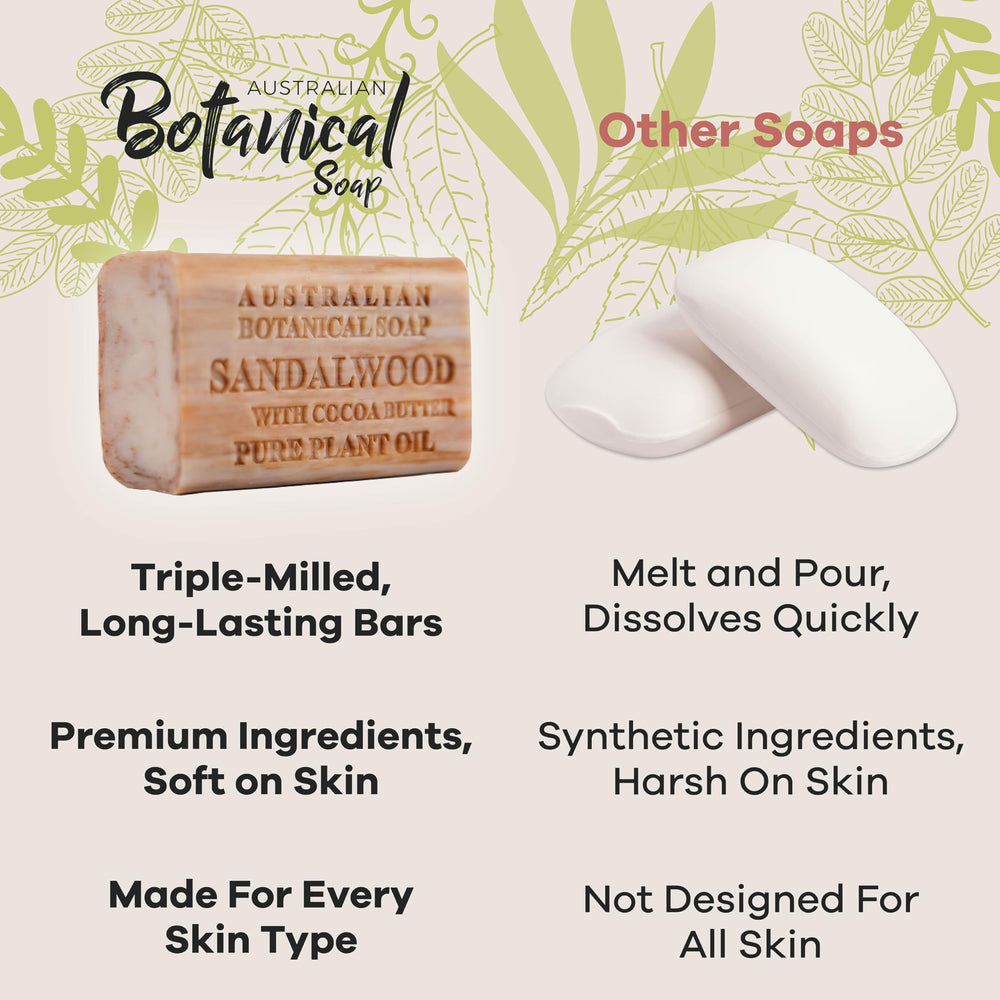 Australian Botanical Soap shower scene emphasizes soothing sandalwood scent during routines.
