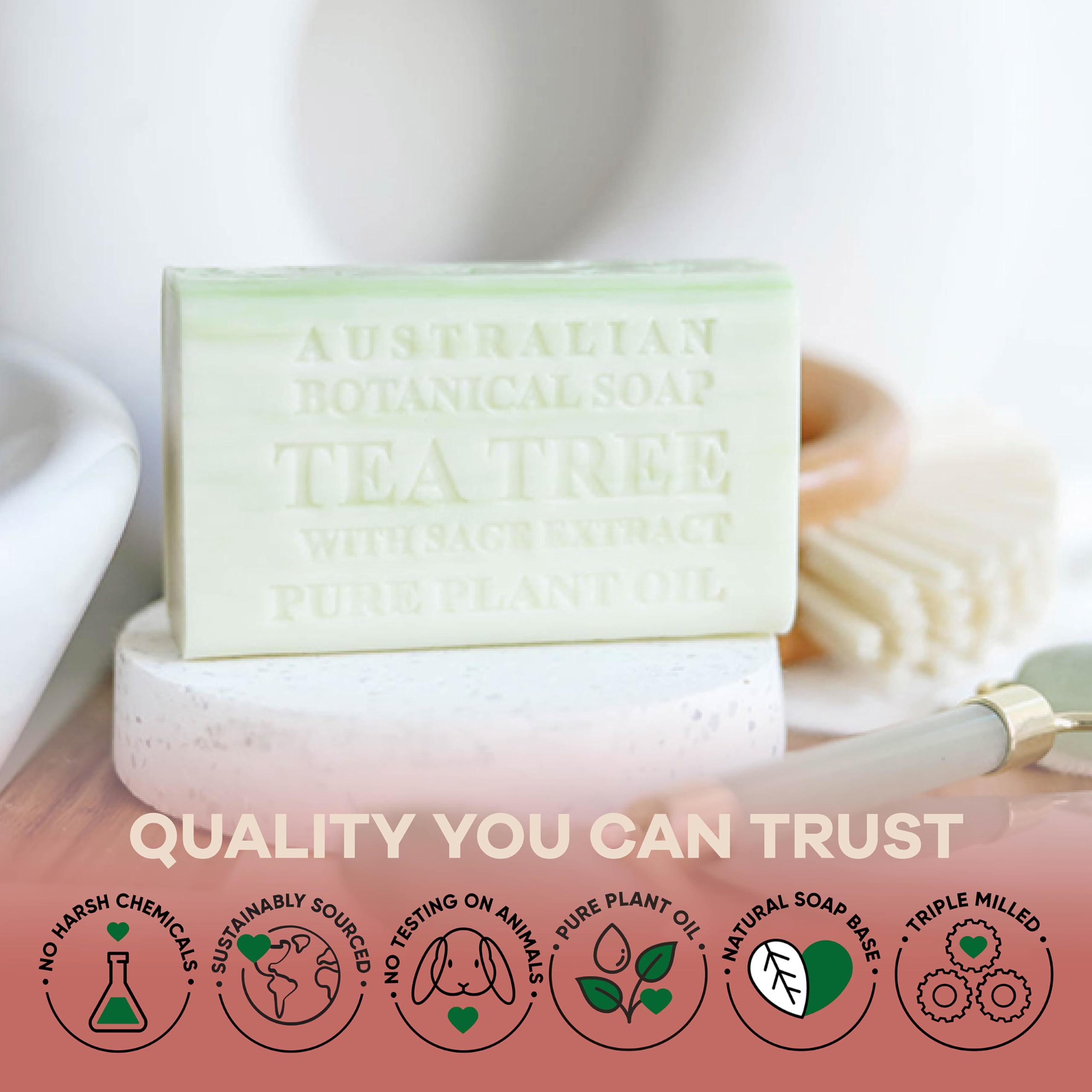Australian Botanical Soap Tea Tree with Sage Extract leaf close-up emphasizes natural ingredients and botanical heritage.