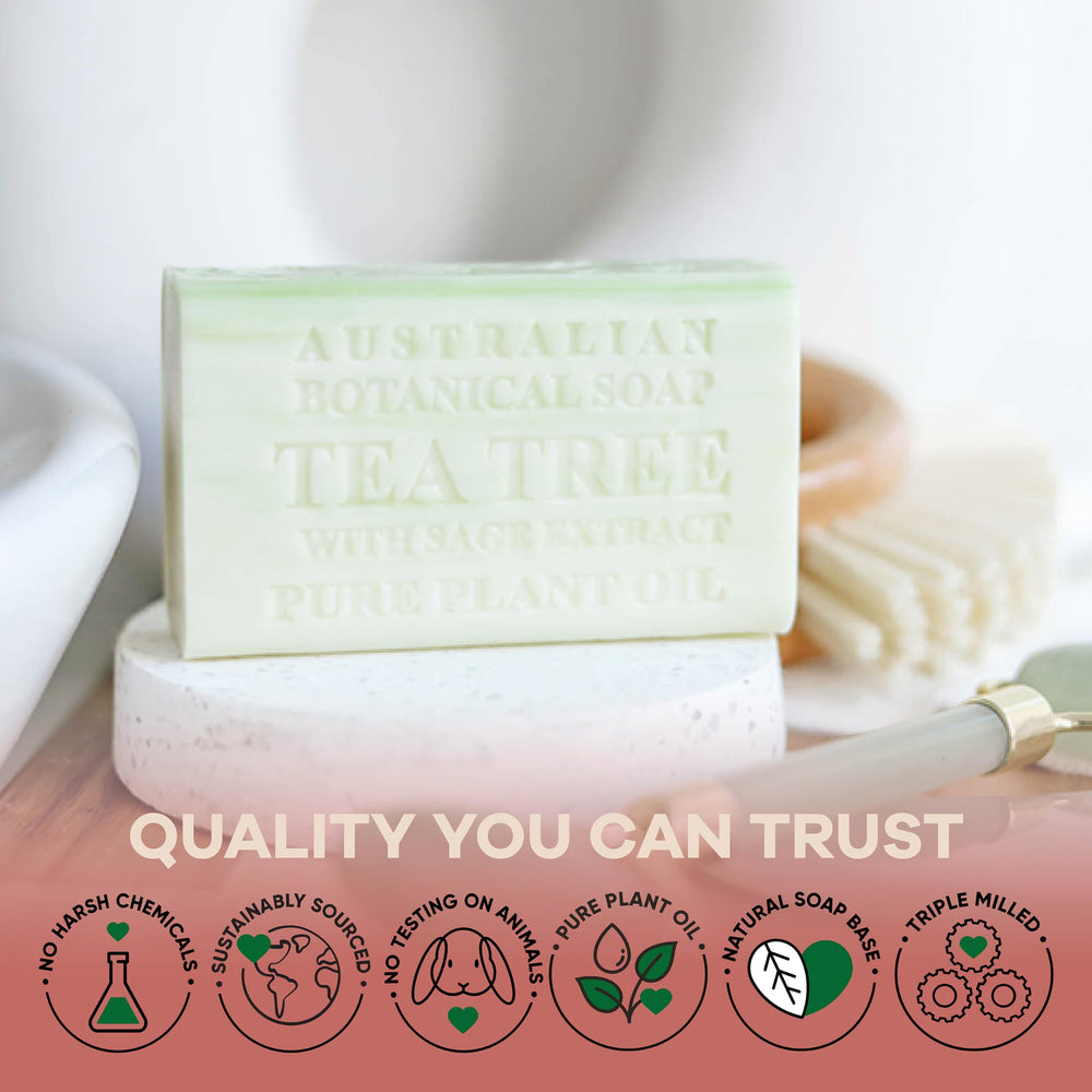 Australian Botanical Soap Tea Tree with Sage Extract leaf close-up emphasizes natural ingredients and botanical heritage.