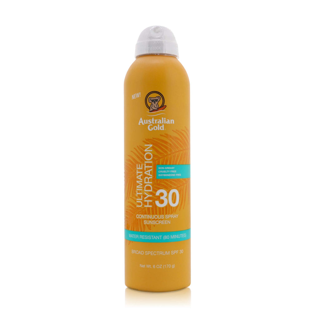 Australian Gold Continuous SPF30 spray bottle offering hydration and sun protection outdoors