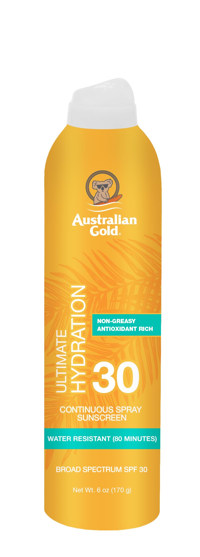 Australian Gold continuous spray sunscreen bottle front view showing quick protection