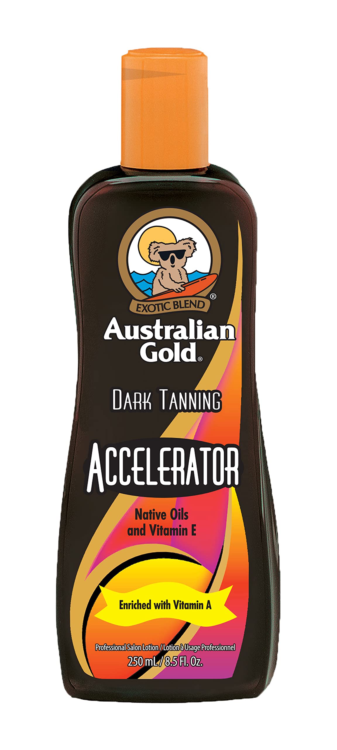 Australian Gold dark tanning accelerator lotion bottle in sunshine for a deeper tan