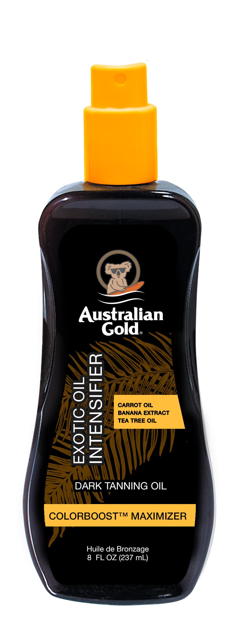 Australian Gold Exotic Tanning Oil bottle showing a non-greasy, fast-absorbing formula for a deeper tan.