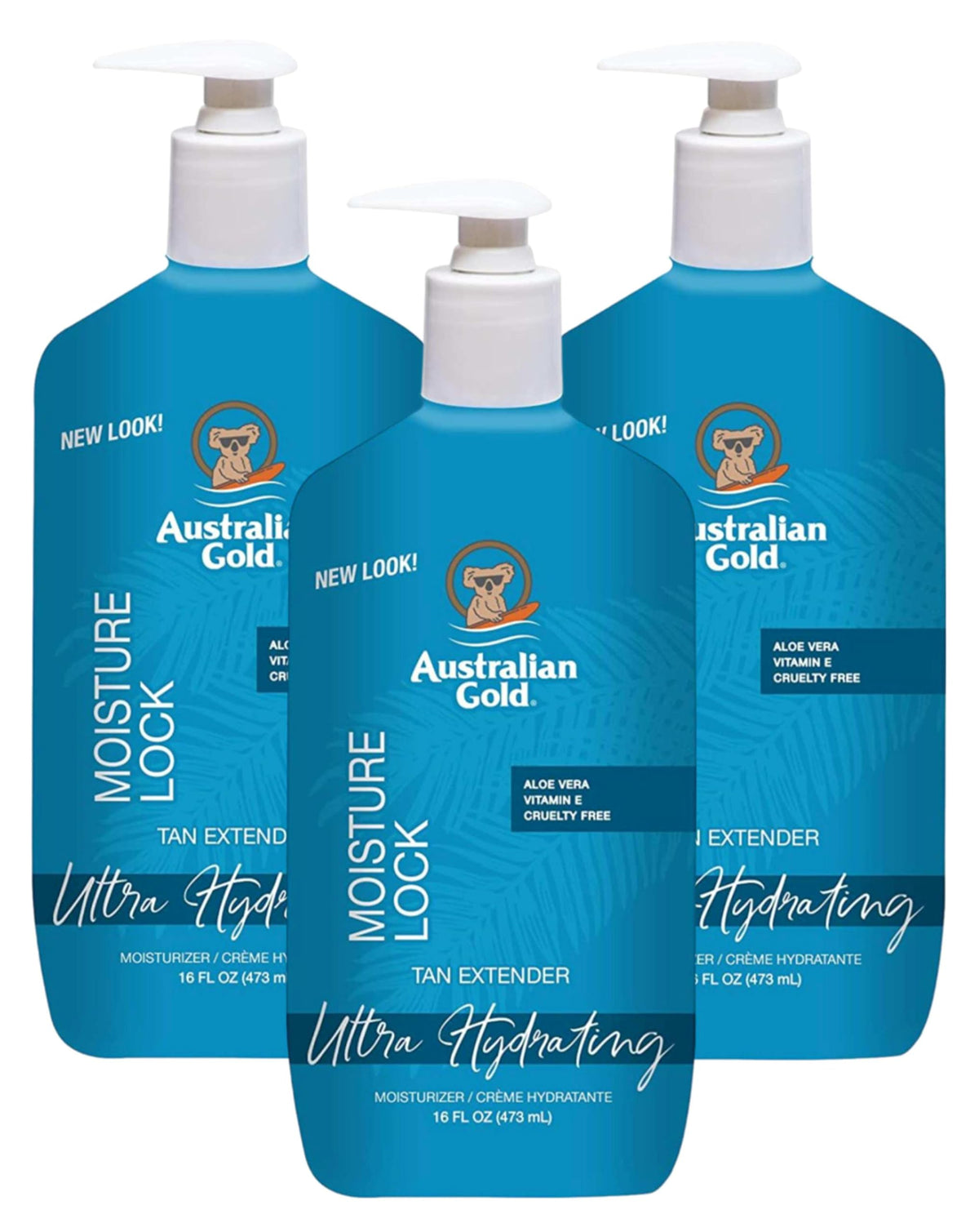Australian Gold Moist Lock Tan Extender bottle pump highlights extended tan and hydration benefits.