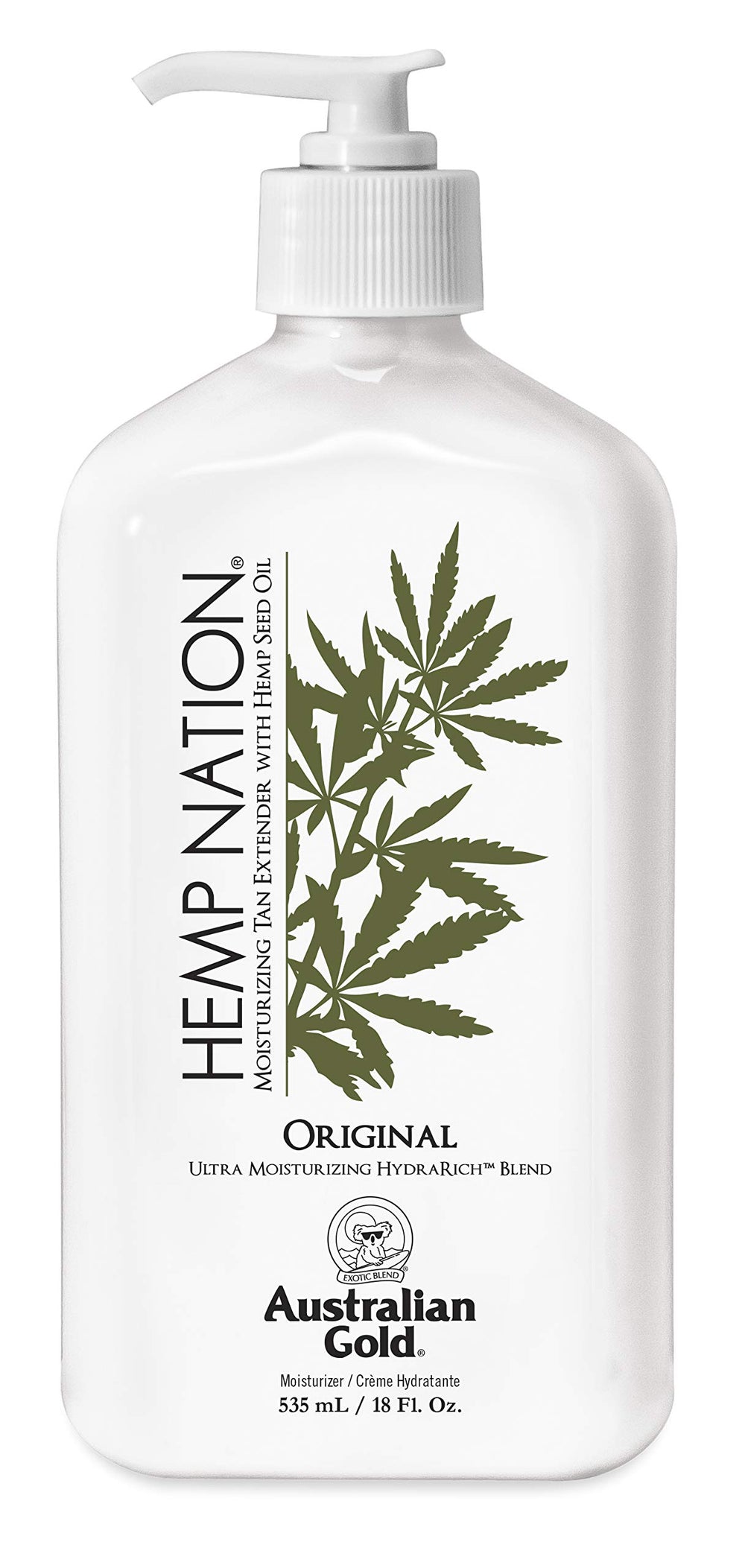 Australian Gold Original Hemp Nation tan-extender bottle pour keeps skin hydrated while extending tan