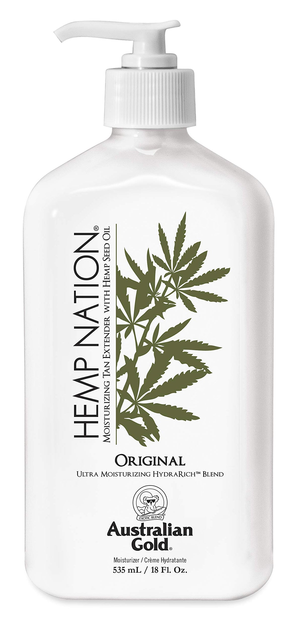 Australian Gold Original Hemp Nation tan-extender bottle pour keeps skin hydrated while extending tan