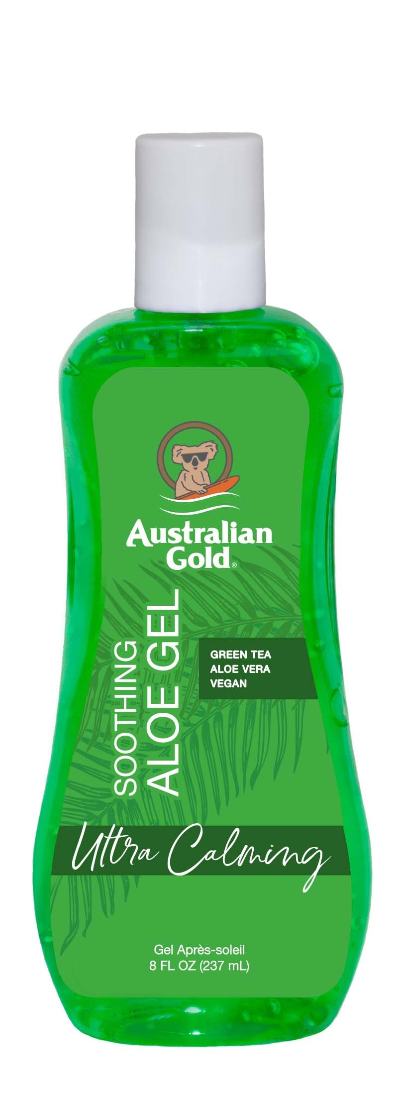 Australian Gold soothing aloe vera after sun gel bottle for cooling relief.