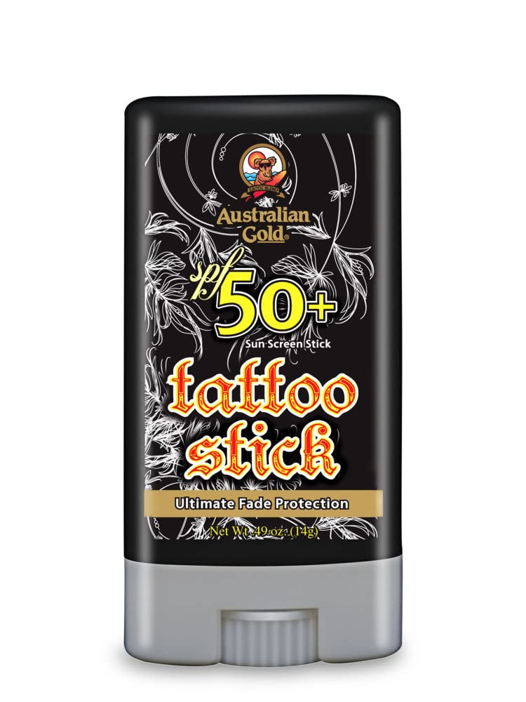 Australian Gold SPF 50 tattoo stick protects tattoos during outdoor activities.
