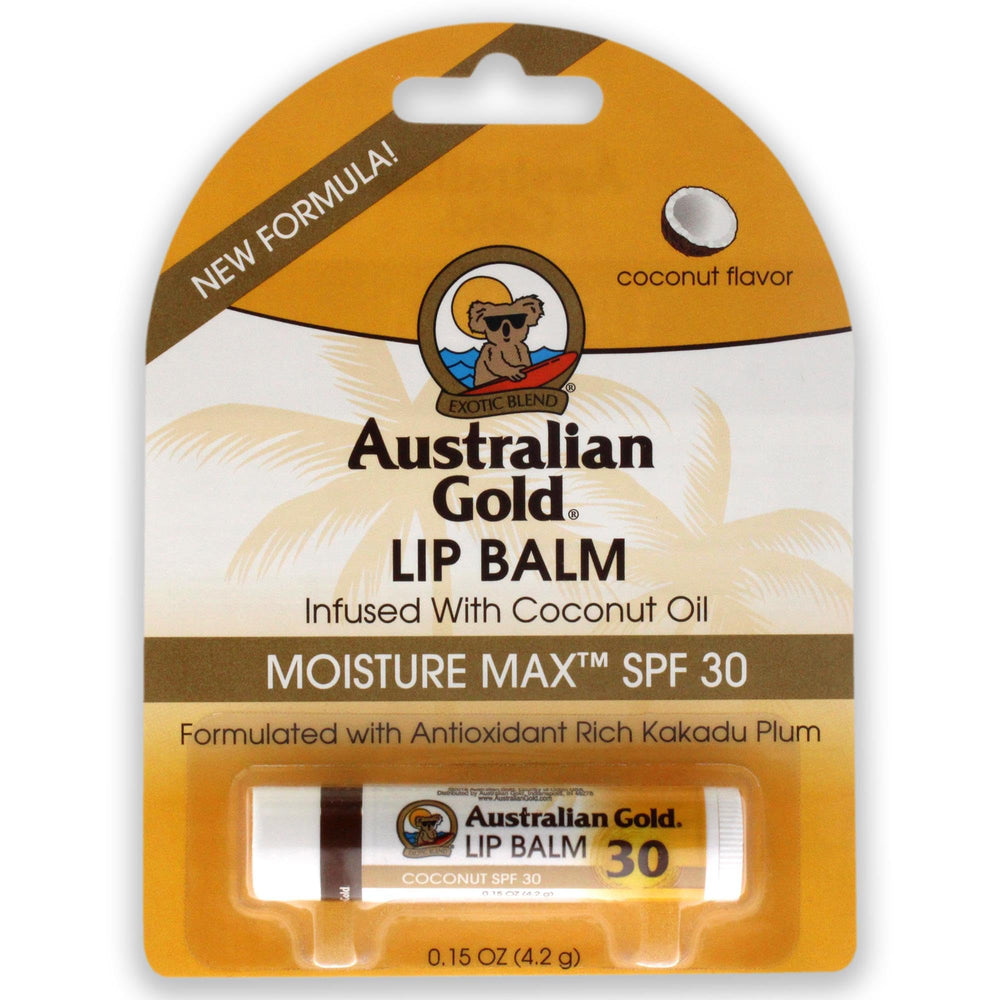 Australian Gold SPF30 lip balm in hand showing compact size for easy sun protection