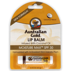 Australian Gold SPF30 lip balm in hand showing compact size for easy sun protection