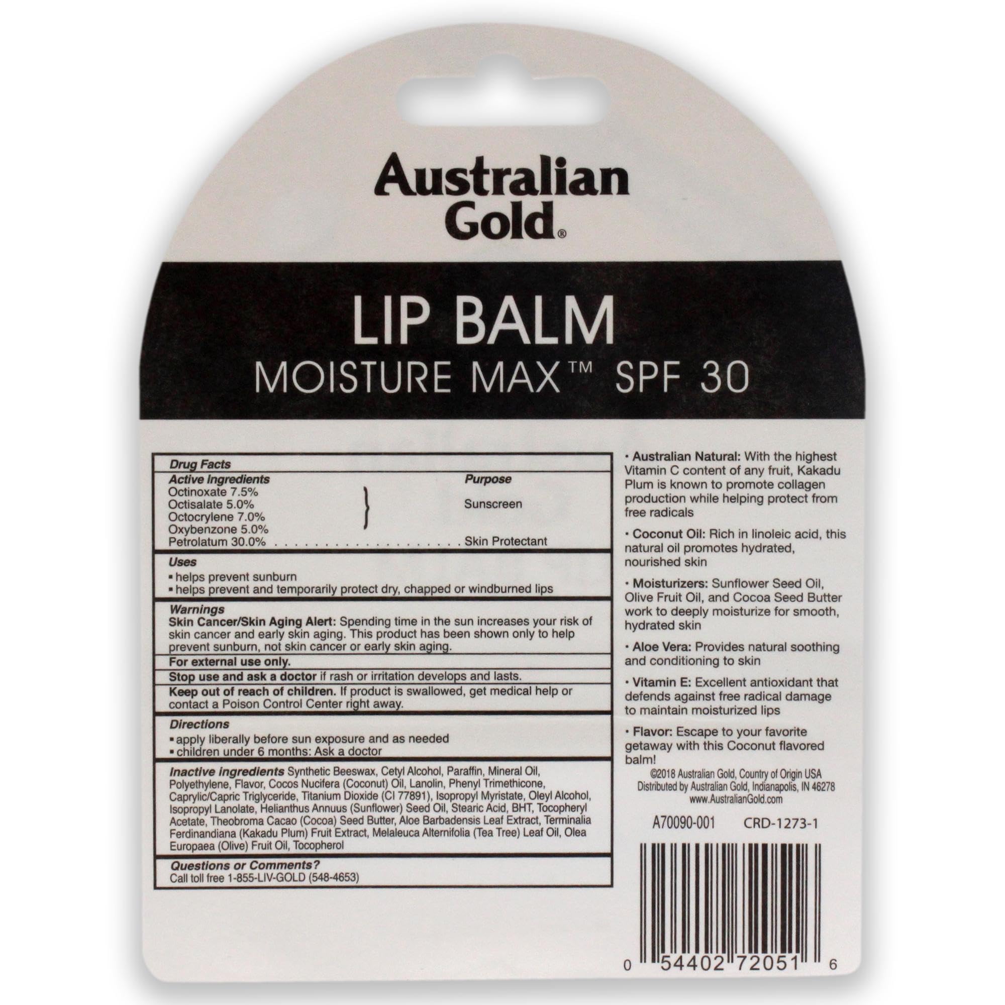 Close-up of Australian Gold SPF30 lip balm tube with coconut flavor note for daily use