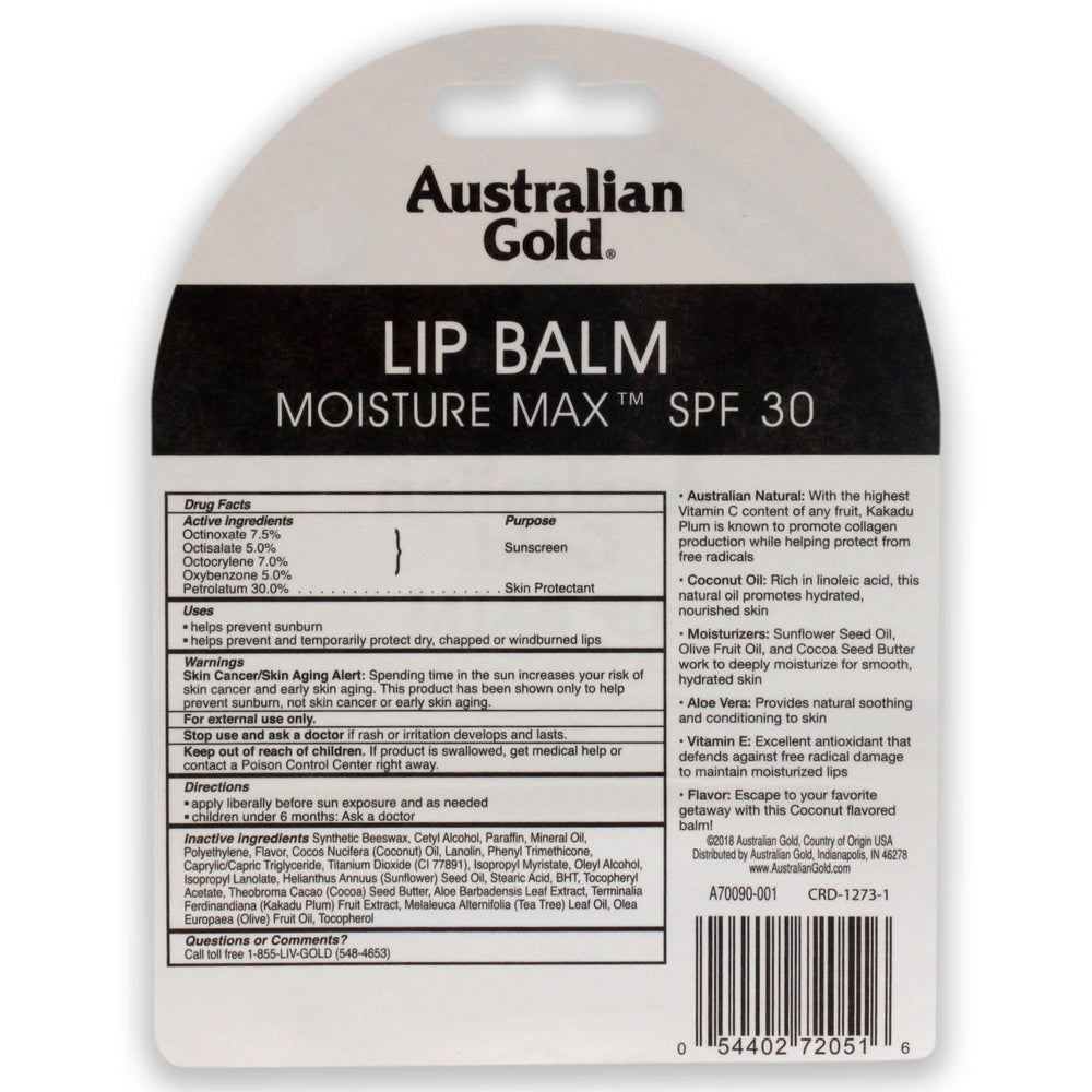Close-up of Australian Gold SPF30 lip balm tube with coconut flavor note for daily use