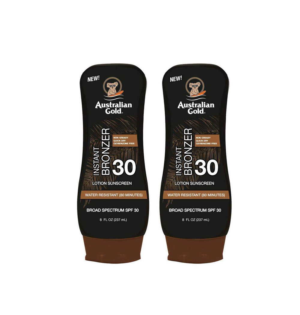 Australian Gold SPF 30 lotion bottle with instant bronzer for a radiant glow