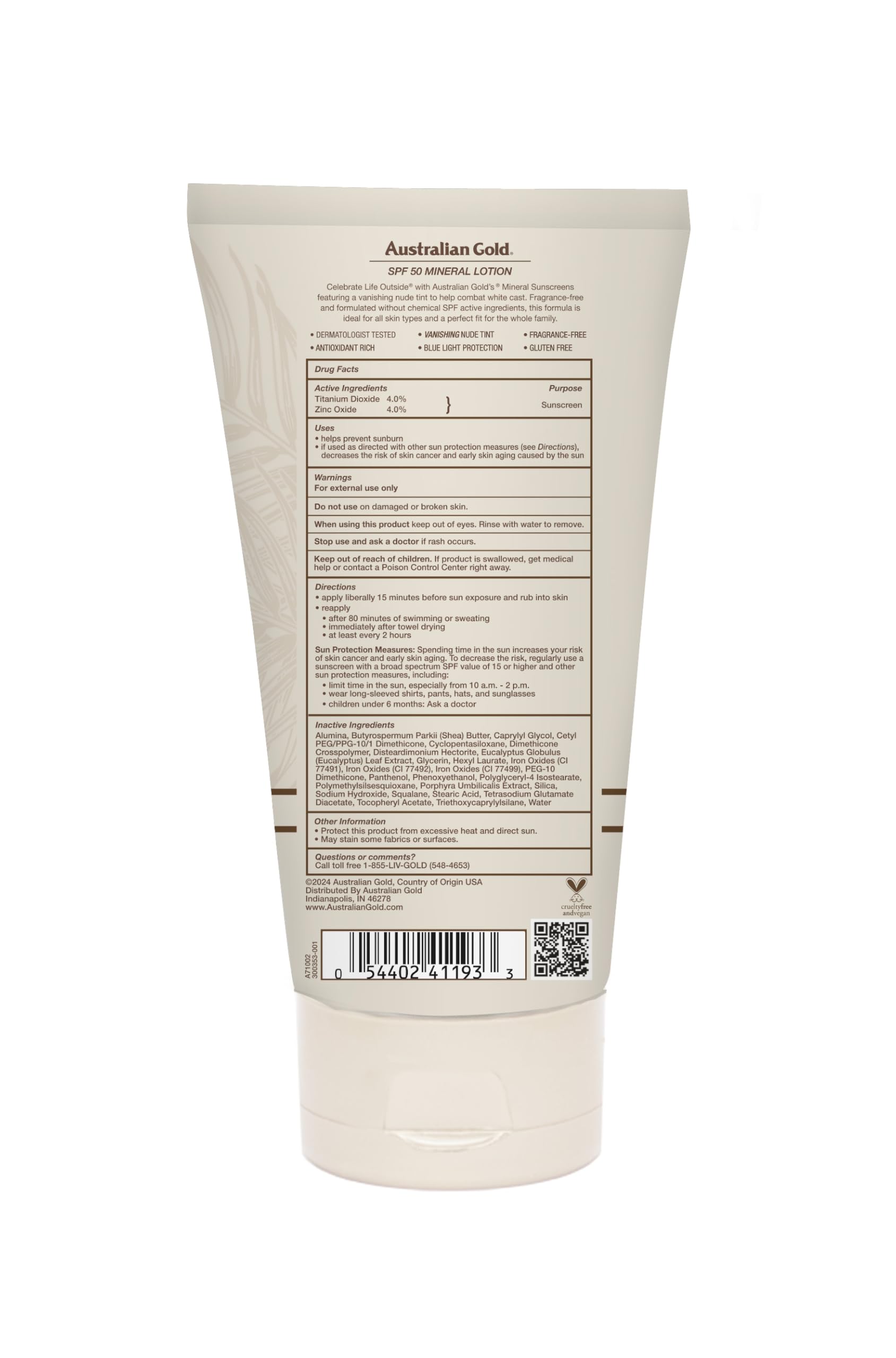 Australian Gold Mineral Sunscreen water resistance up to 80 minutes outdoors