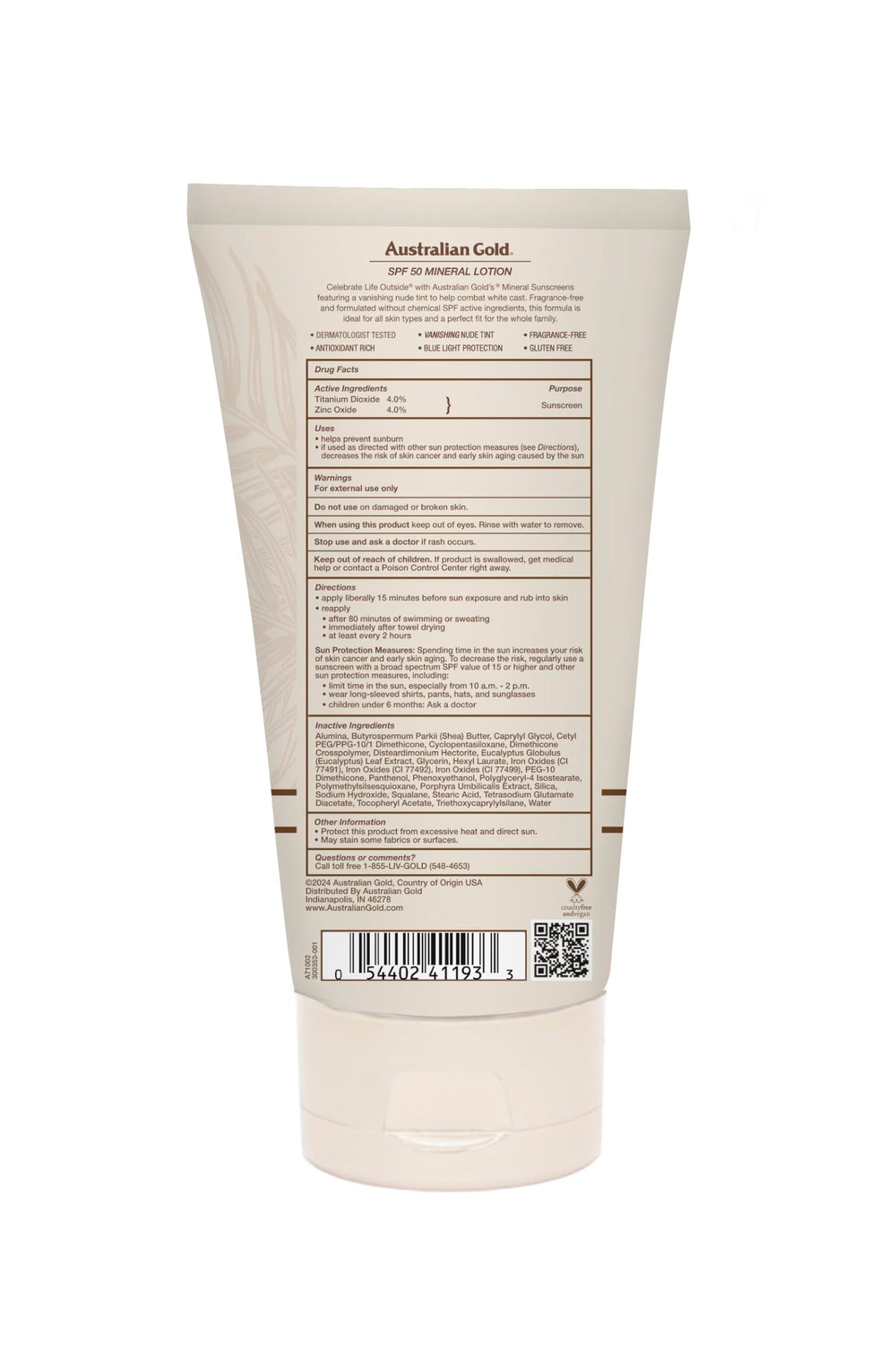Australian Gold Mineral Sunscreen water resistance up to 80 minutes outdoors
