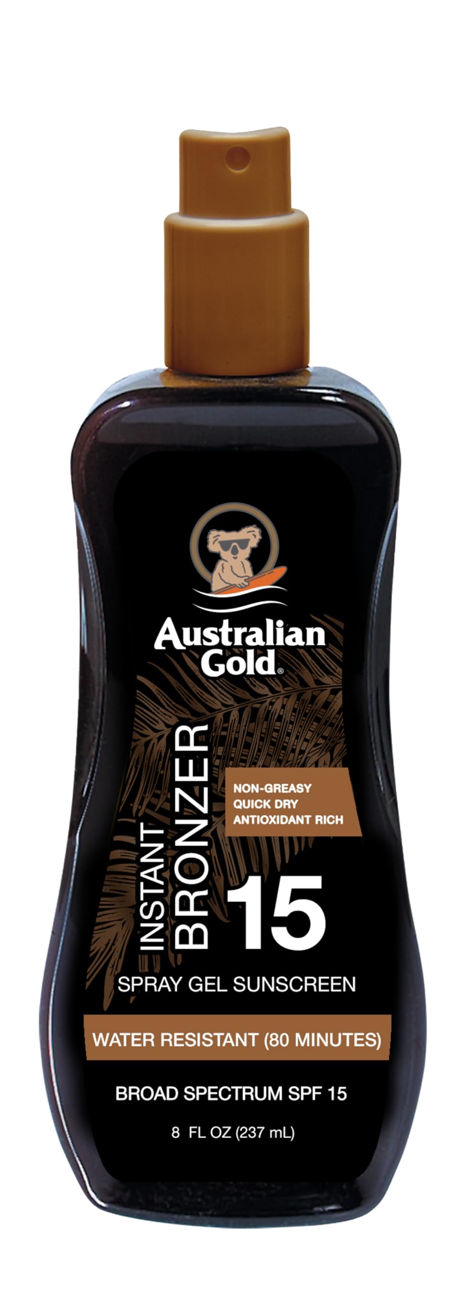 Australian Gold spray gel bronzer bottle for instant glow and hydration
