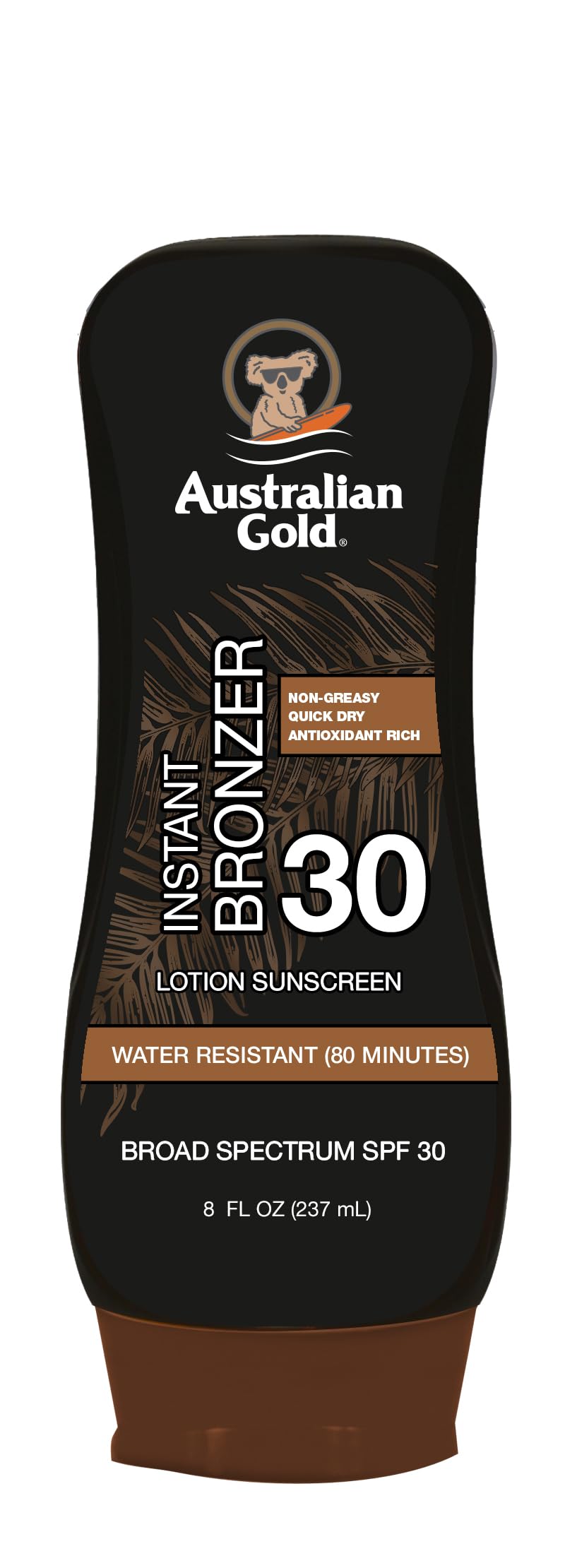 Australian Gold Sunscreen Lotion with Instant Bronzer bottle showing tinted glow and protection