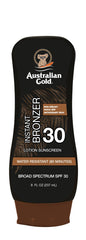 Australian Gold Sunscreen Lotion with Instant Bronzer bottle showing tinted glow and protection