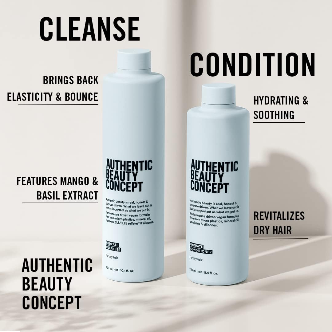 Authentic Beauty Concept Hydrate Conditioner label showcasing vegan, silicone-free formula for refreshed hair.
