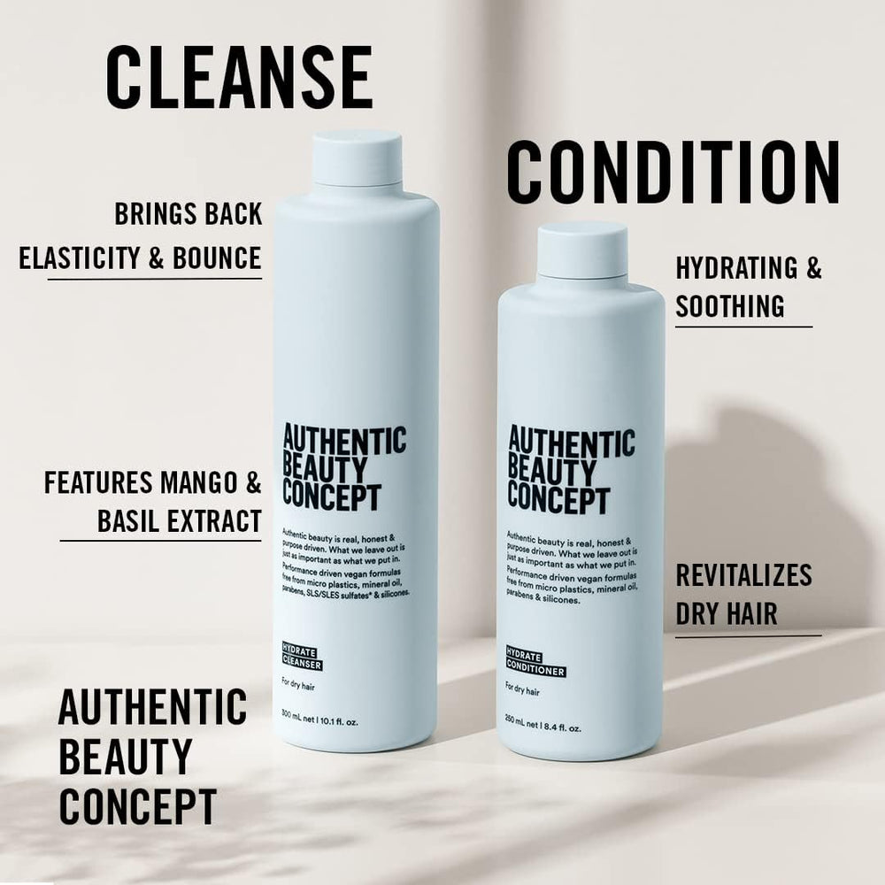 Authentic Beauty Concept Hydrate Conditioner label showcasing vegan, silicone-free formula for refreshed hair.