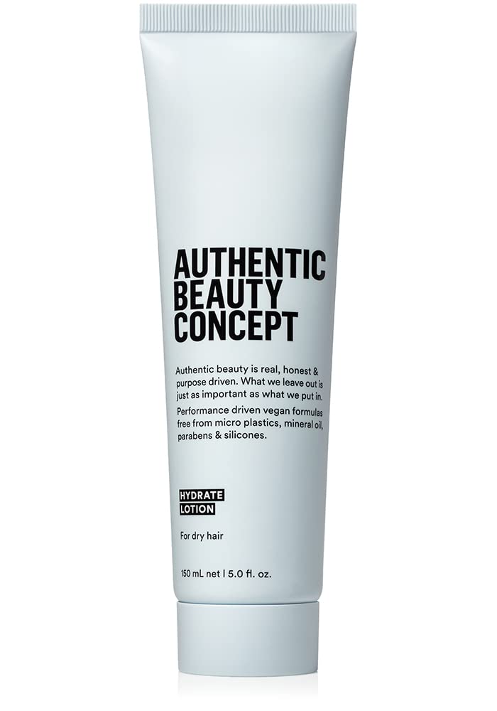 Authentic Beauty Concept Hydrate Lotion bottle demonstrates lightweight hydration for shiny, manageable hair
